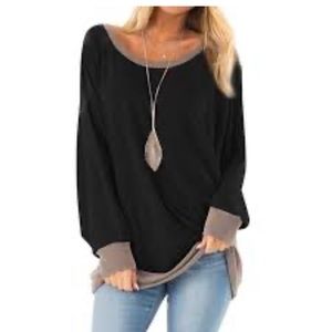 NLife Scoop Neck large Long sleeve sweatshirt top black with gray brown trim